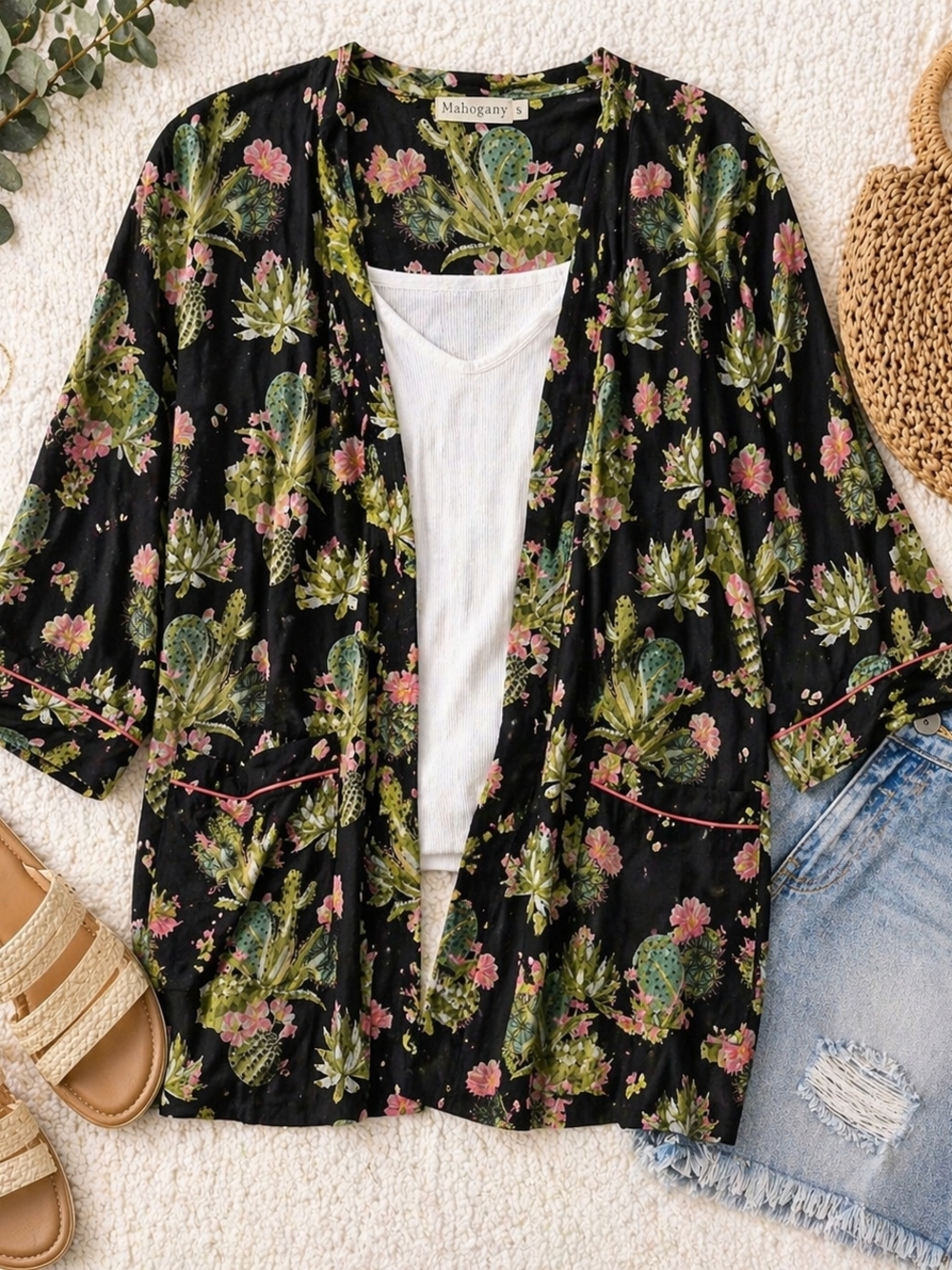 Mahogany Cactus Floral Kimono Cardigan S